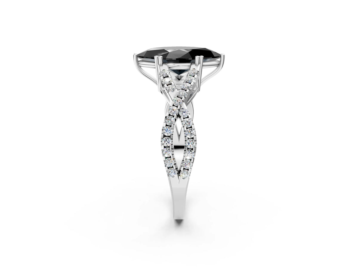 Fancy Black Marquise Cut Diamond Solitaire Ring in Platinum with Interwoven Pavé Band and Prong Setting_8