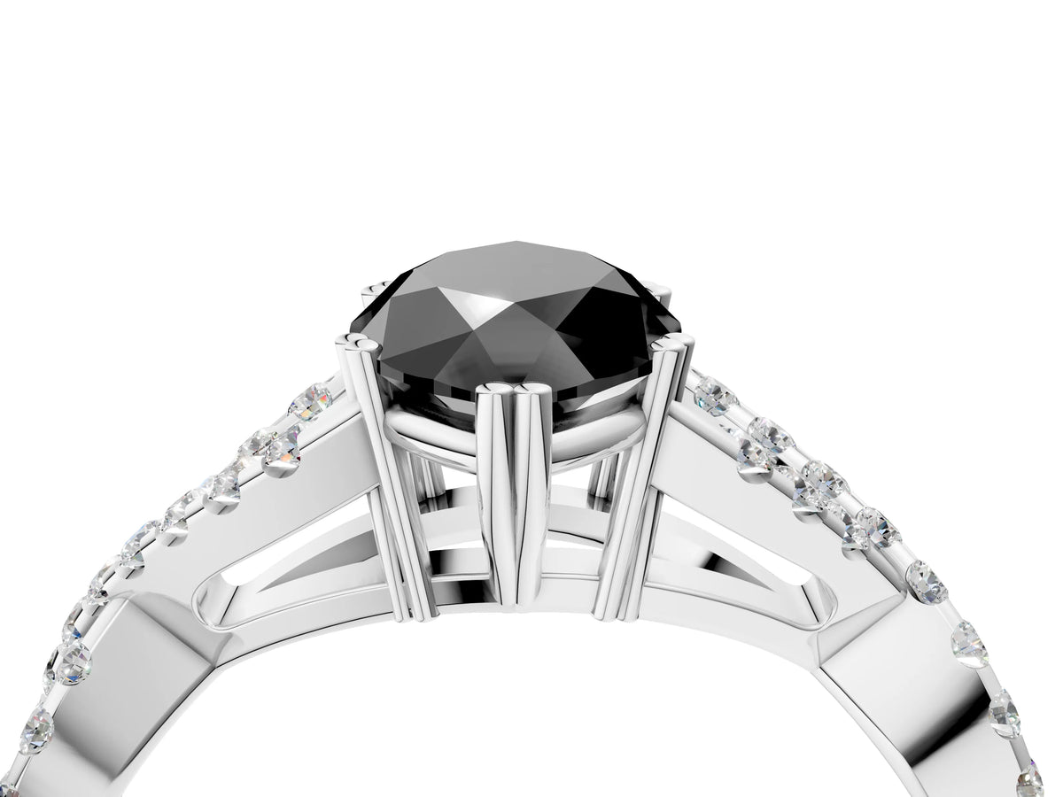 Fancy Black Marquise Cut Diamond Solitaire Ring in Silver with Interwoven Pavé Band and Prong Setting_10