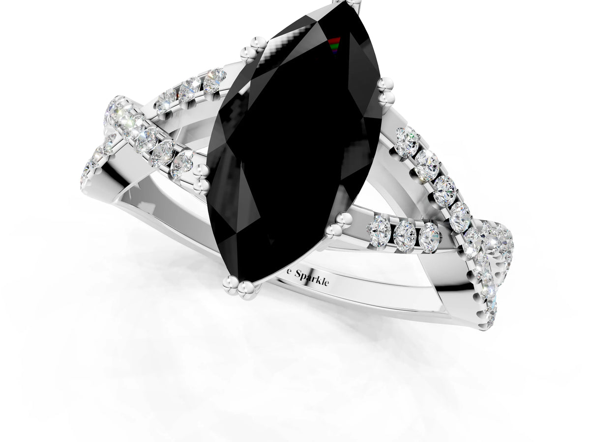 Fancy Black Marquise Cut Diamond Solitaire Ring in Silver with Interwoven Pavé Band and Prong Setting_7