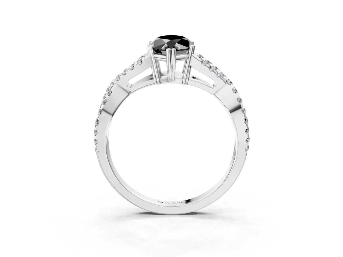 Fancy Black Marquise Cut Diamond Solitaire Ring in Silver with Interwoven Pavé Band and Prong Setting_9
