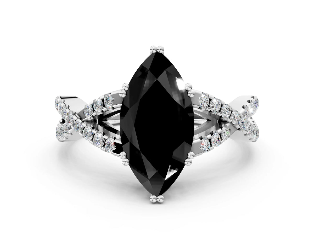 Fancy Black Marquise Cut Diamond Solitaire Ring in White gold with Interwoven Pavé Band and Prong Setting