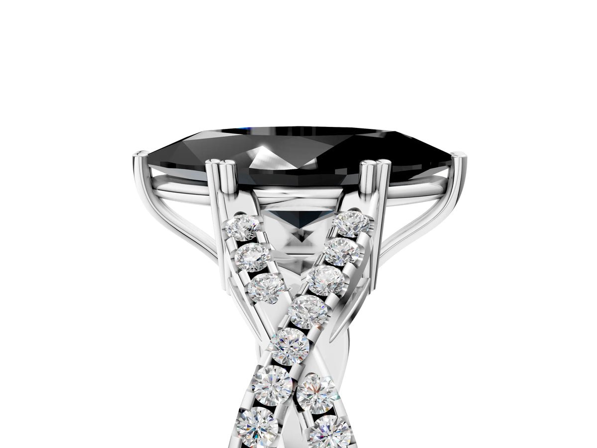 Fancy Black Marquise Cut Diamond Solitaire Ring in White gold with Interwoven Pavé Band and Prong Setting_5