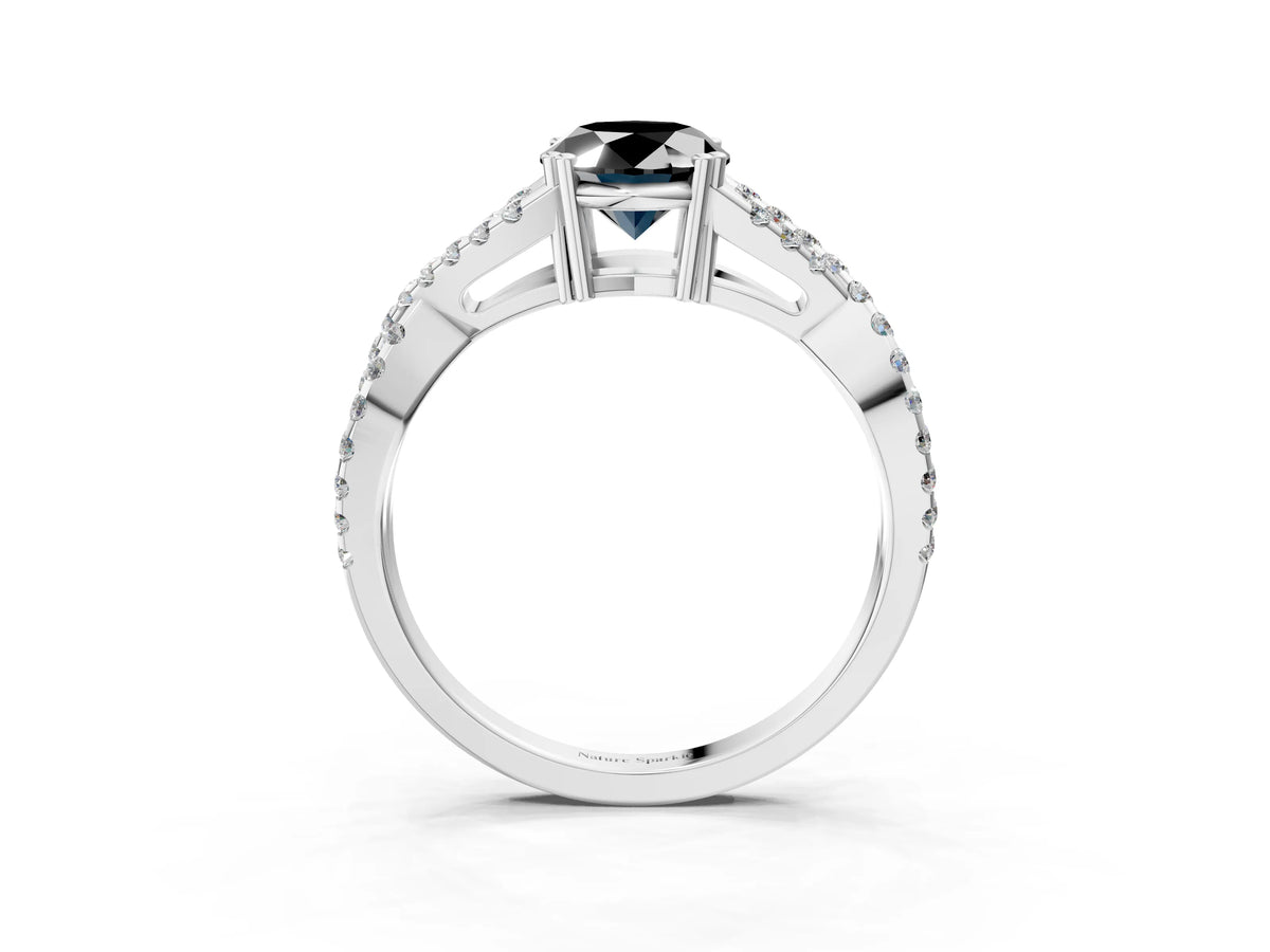 Fancy Black Oval Cut Diamond Solitaire Ring in Platinum with Interwoven Pavé Band and Prong Setting_9