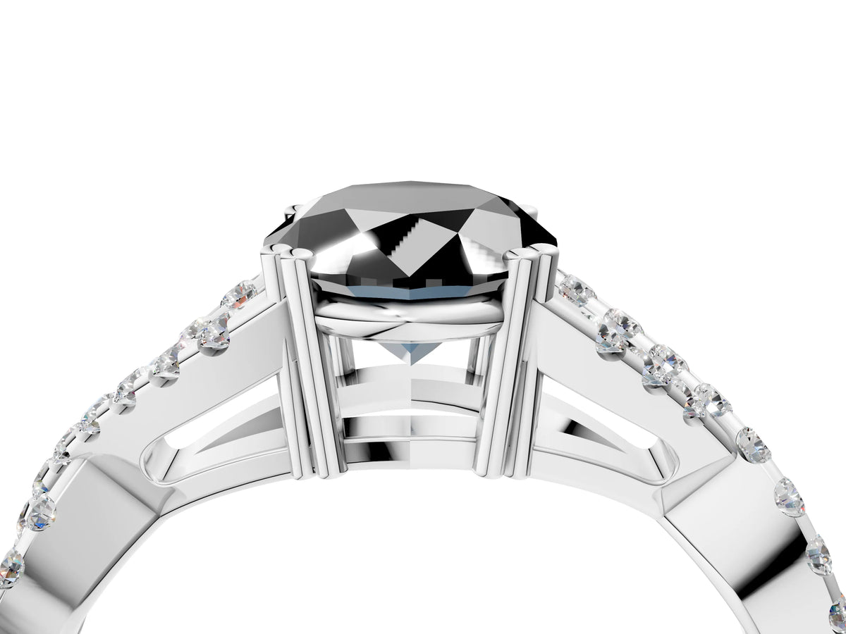 Fancy Black Oval Cut Diamond Solitaire Ring in Silver with Interwoven Pavé Band and Prong Setting_10