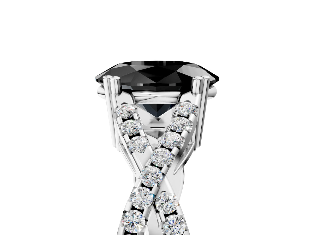 Fancy Black Oval Cut Diamond Solitaire Ring in Silver with Interwoven Pavé Band and Prong Setting_11