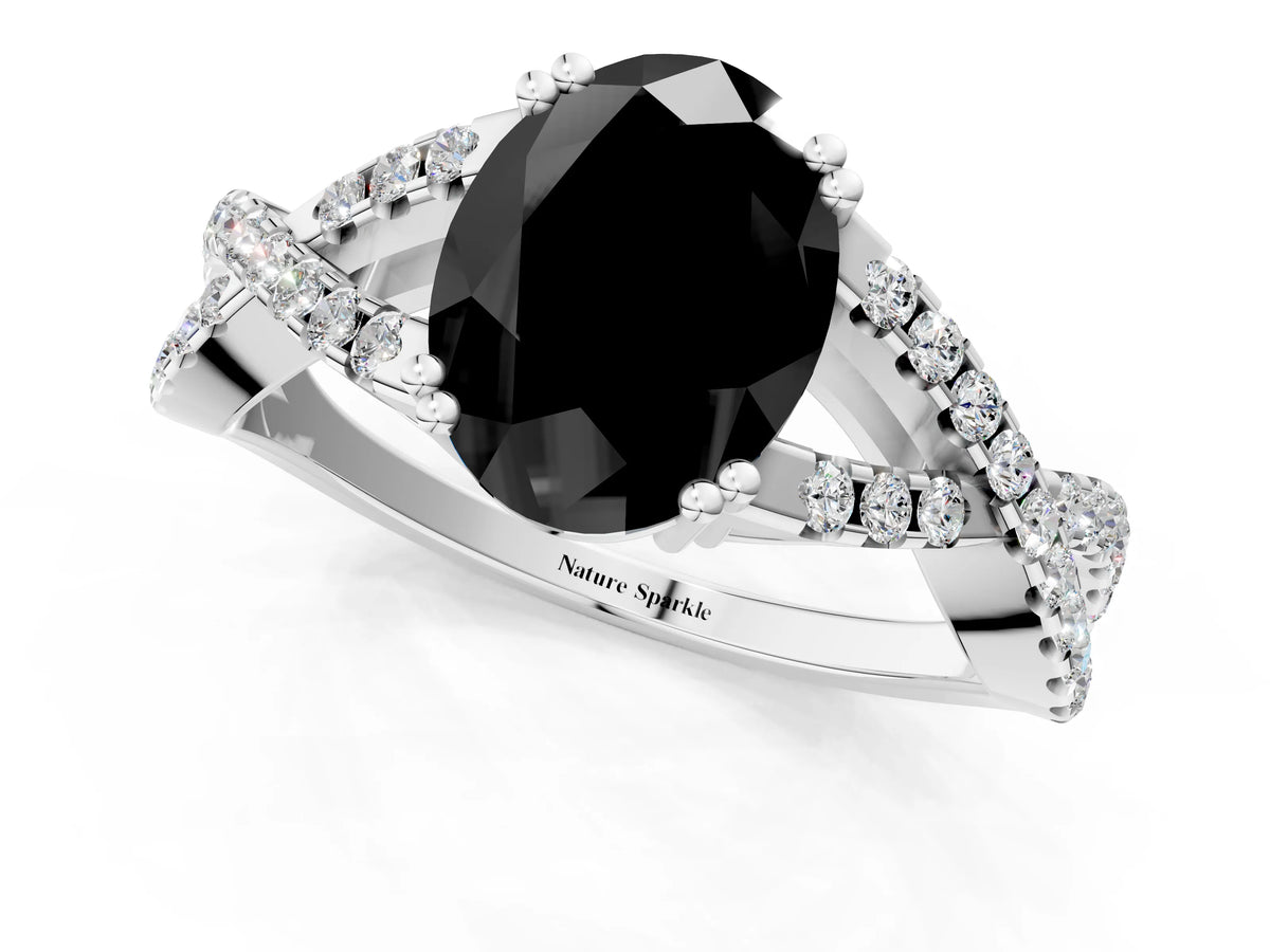 Fancy Black Oval Cut Diamond Solitaire Ring in Silver with Interwoven Pavé Band and Prong Setting_7