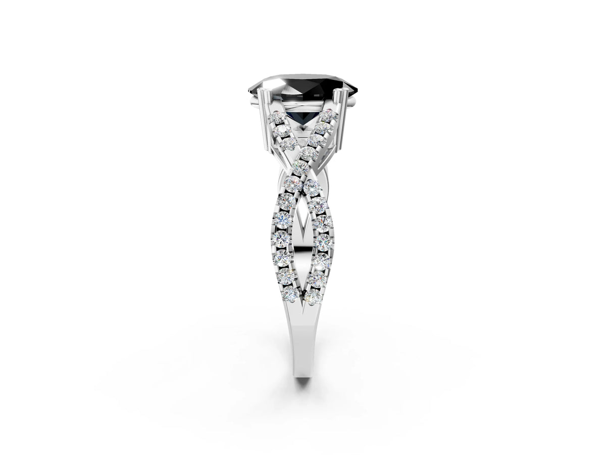 Fancy Black Oval Cut Diamond Solitaire Ring in White gold with Interwoven Pavé Band and Prong Setting_2
