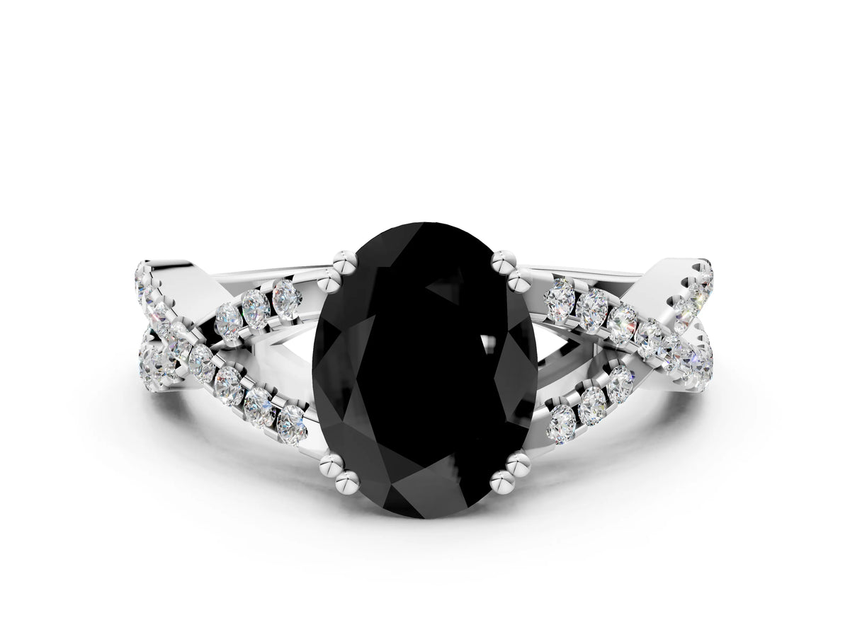 Fancy Black Oval Cut Diamond Solitaire Ring in White gold with Interwoven Pavé Band and Prong Setting