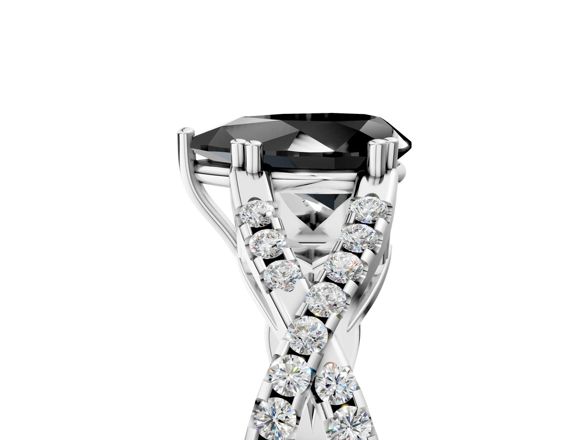 Fancy Black Pear Cut Diamond Solitaire Ring in Platinum with Interwoven Pavé Band and Prong Setting_11
