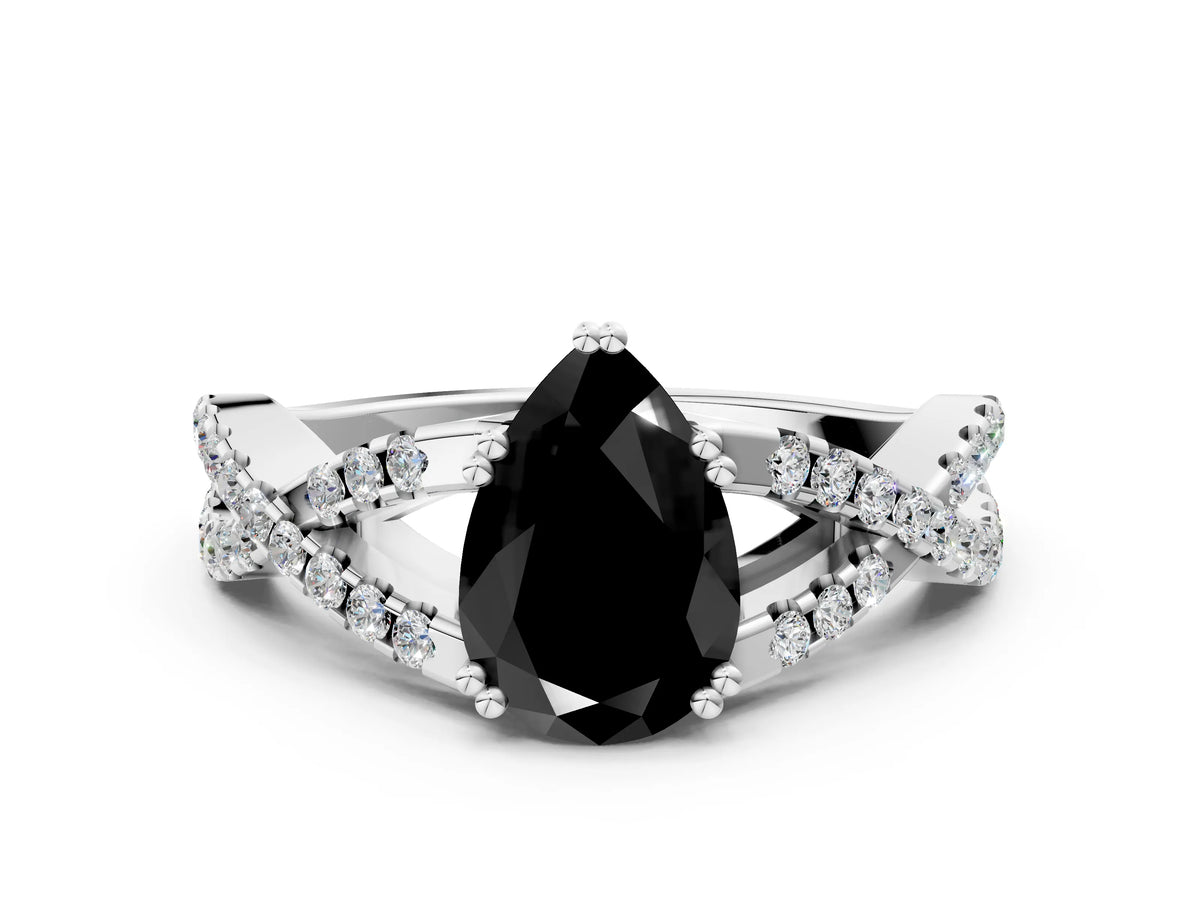 Fancy Black Pear Cut Diamond Solitaire Ring in Silver with Interwoven Pavé Band and Prong Setting_6