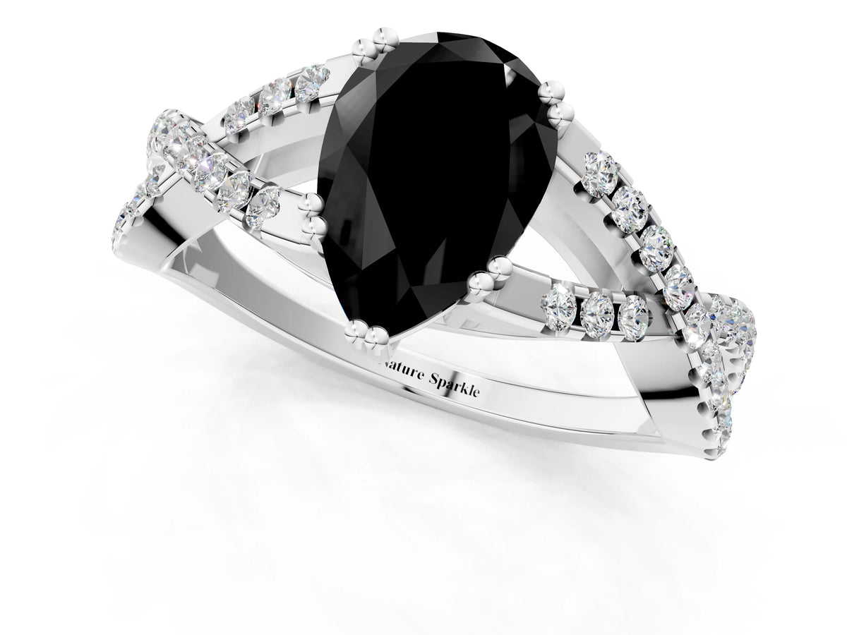 Fancy Black Pear Cut Diamond Solitaire Ring in White gold with Interwoven Pavé Band and Prong Setting_1