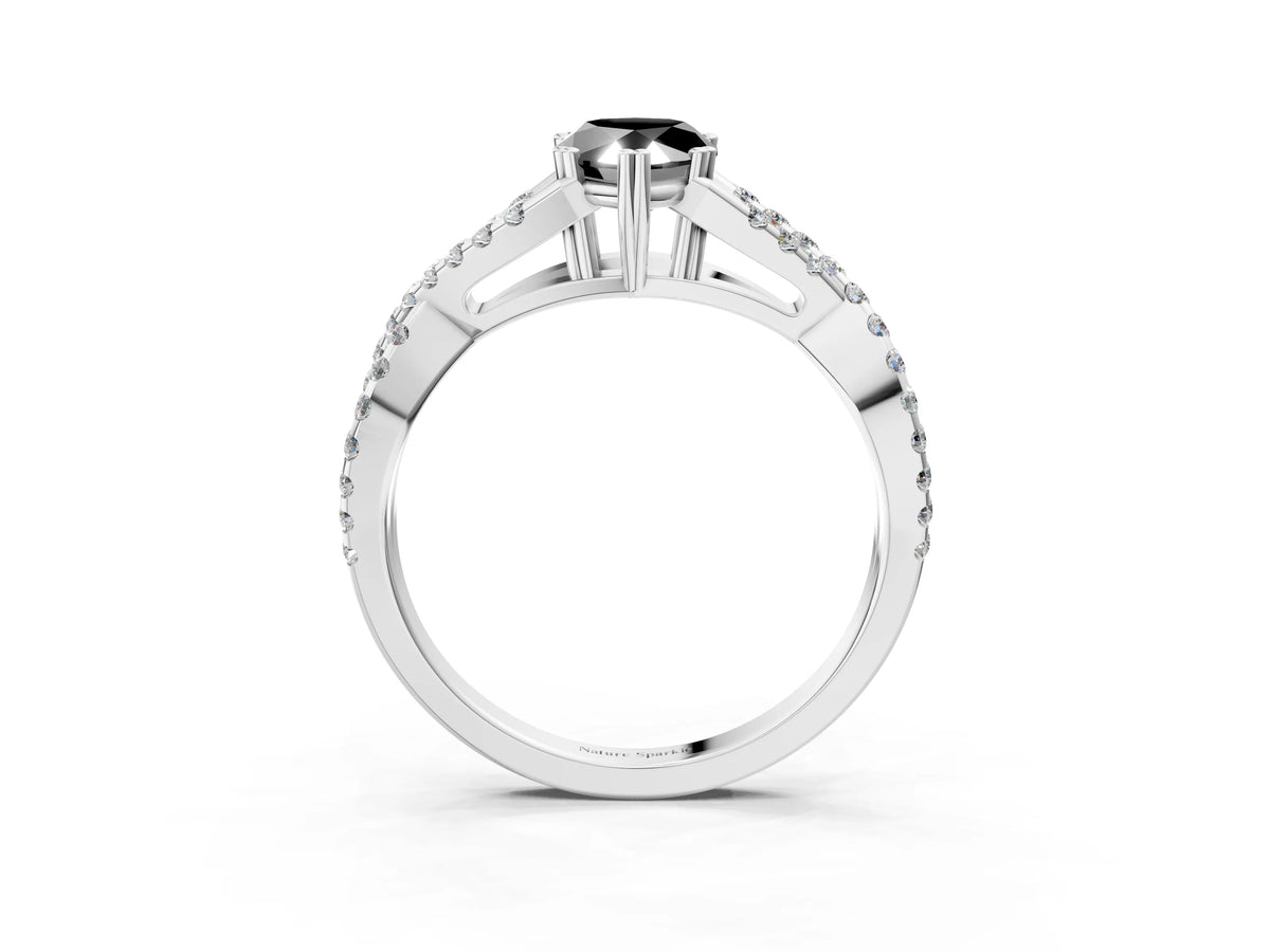 Fancy Black Pear Cut Diamond Solitaire Ring in White gold with Interwoven Pavé Band and Prong Setting_3