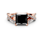 Fancy Black Princess Cut Diamond Solitaire Ring in Rose gold with Interwoven Pavé Band and Prong Setting