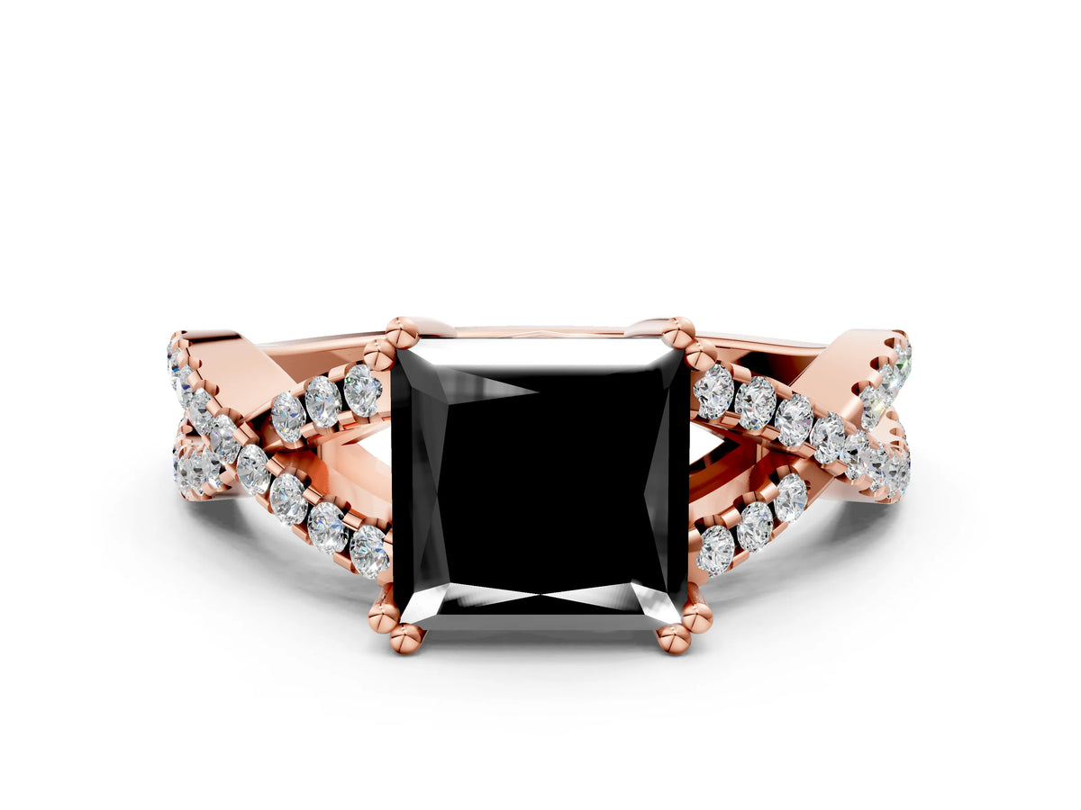 Fancy Black Princess Cut Diamond Solitaire Ring in Rose gold with Interwoven Pavé Band and Prong Setting