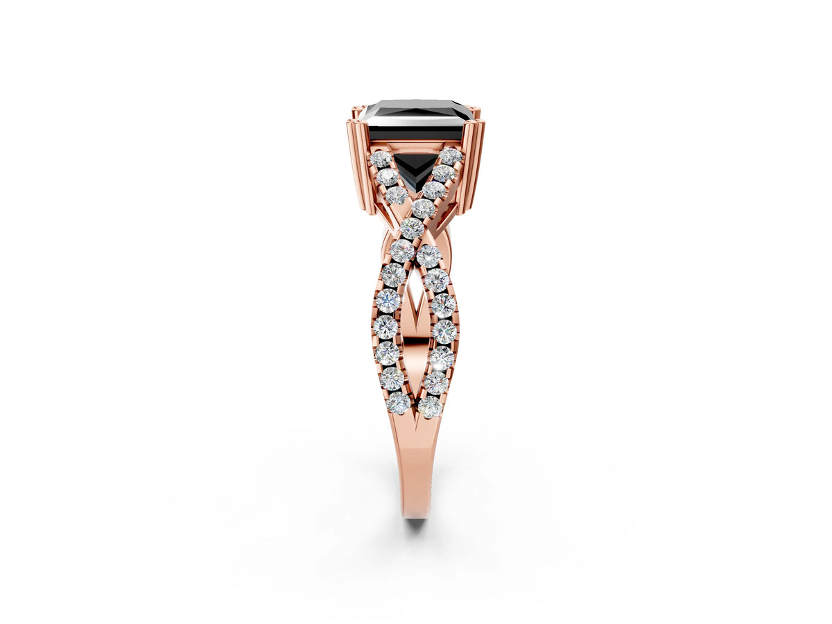 Fancy Black Princess Cut Diamond Solitaire Ring in Rose gold with Interwoven Pavé Band and Prong Setting_2