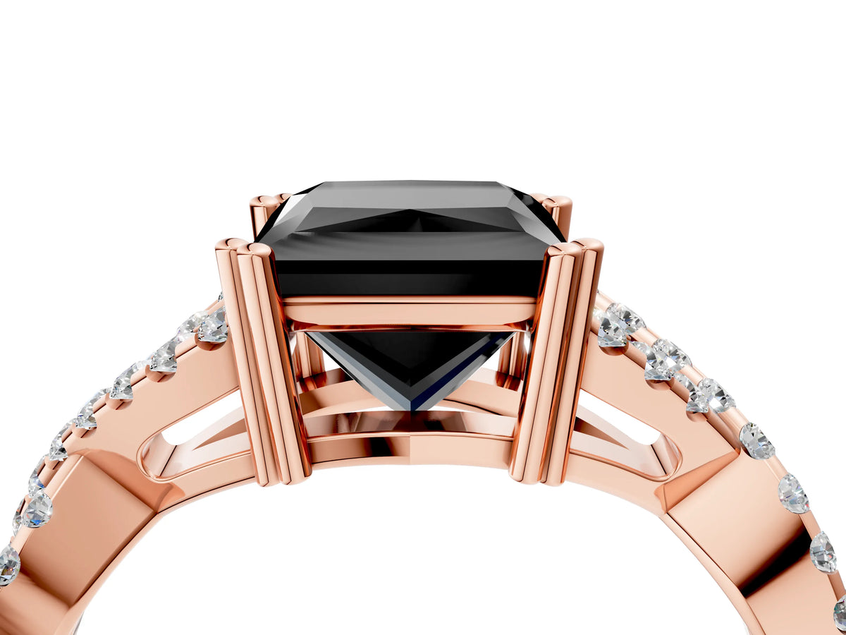 Fancy Black Princess Cut Diamond Solitaire Ring in Rose gold with Interwoven Pavé Band and Prong Setting_4