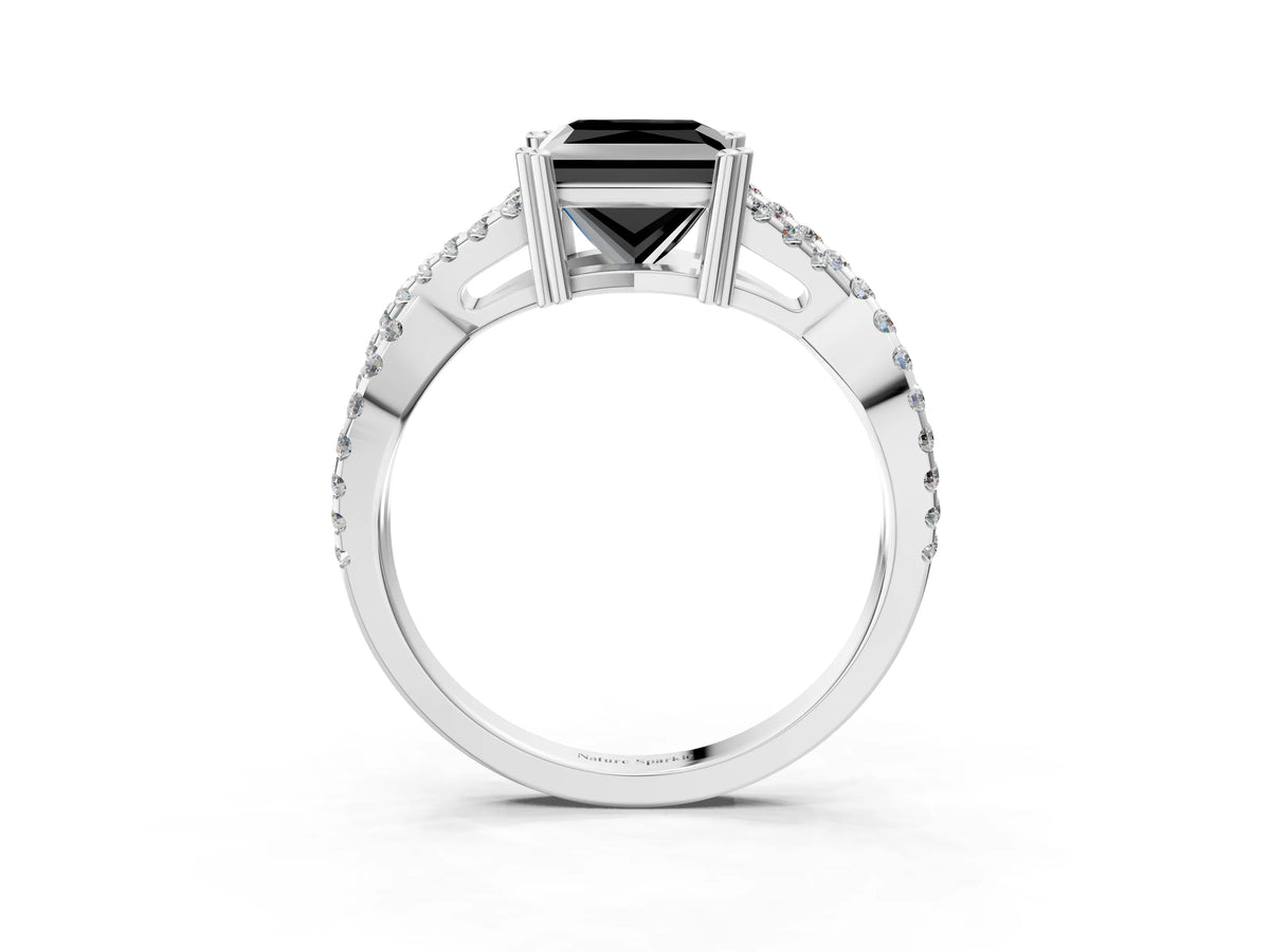 Fancy Black Princess Cut Diamond Solitaire Ring in Silver with Interwoven Pavé Band and Prong Setting_9