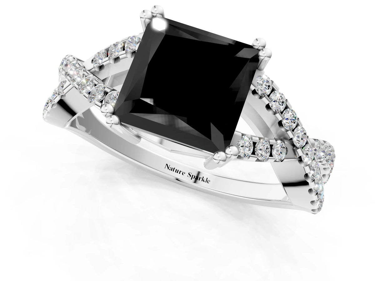 Fancy Black Princess Cut Diamond Solitaire Ring in White gold with Interwoven Pavé Band and Prong Setting_1
