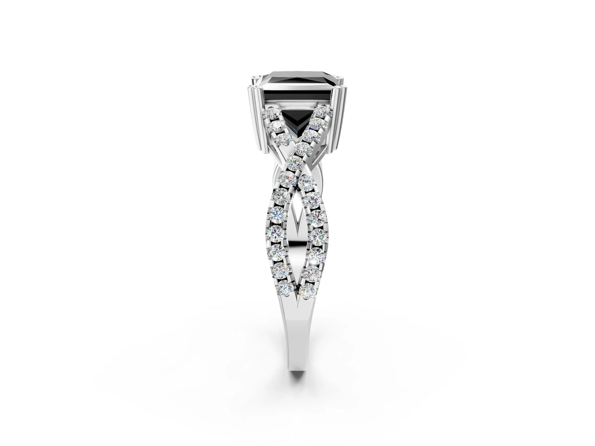 Fancy Black Princess Cut Diamond Solitaire Ring in White gold with Interwoven Pavé Band and Prong Setting_2