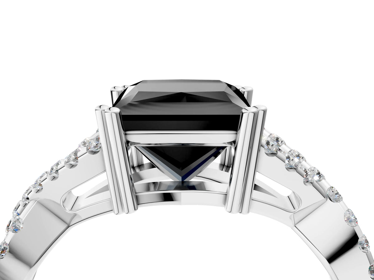 Fancy Black Princess Cut Diamond Solitaire Ring in White gold with Interwoven Pavé Band and Prong Setting_4