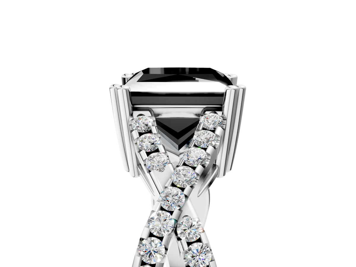 Fancy Black Princess Cut Diamond Solitaire Ring in White gold with Interwoven Pavé Band and Prong Setting_5