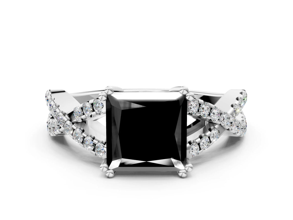 Fancy Black Princess Cut Diamond Solitaire Ring in White gold with Interwoven Pavé Band and Prong Setting