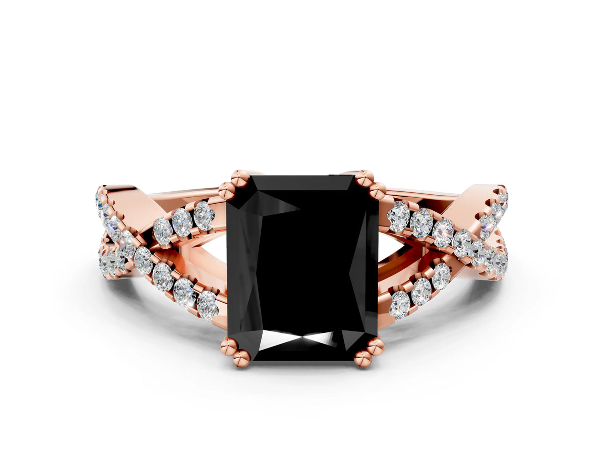 Fancy Black Radiant Cut Diamond Solitaire Ring in Rose gold with Interwoven Pavé Band and Prong Setting