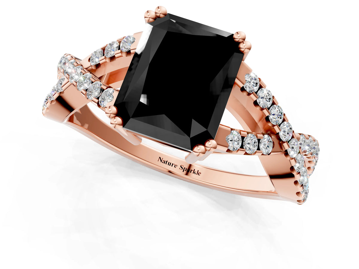 Fancy Black Radiant Cut Diamond Solitaire Ring in Rose gold with Interwoven Pavé Band and Prong Setting_1