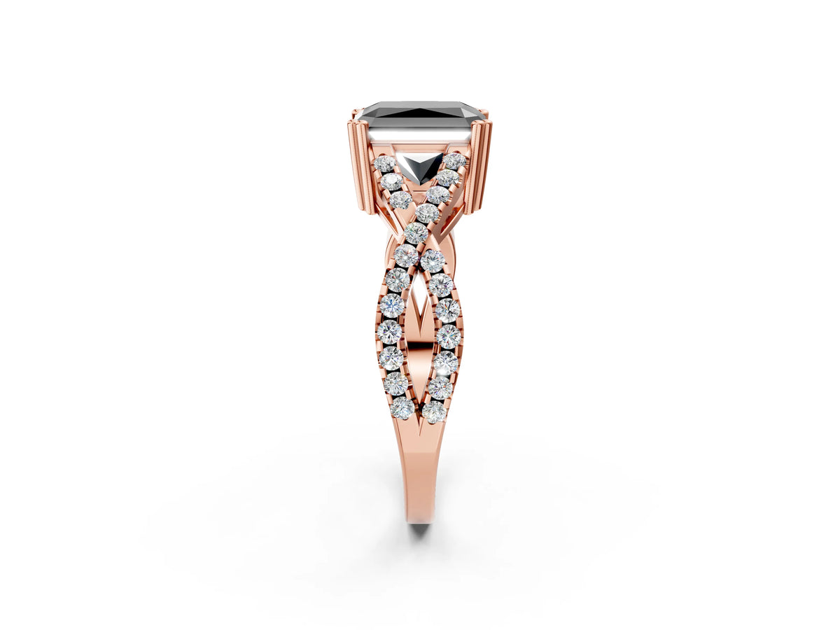 Fancy Black Radiant Cut Diamond Solitaire Ring in Rose gold with Interwoven Pavé Band and Prong Setting_2