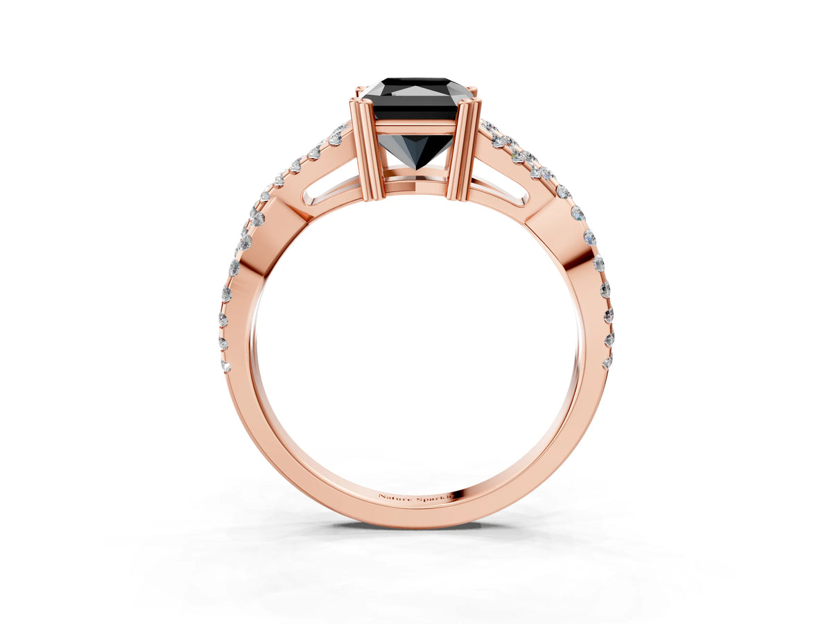 Fancy Black Radiant Cut Diamond Solitaire Ring in Rose gold with Interwoven Pavé Band and Prong Setting_3