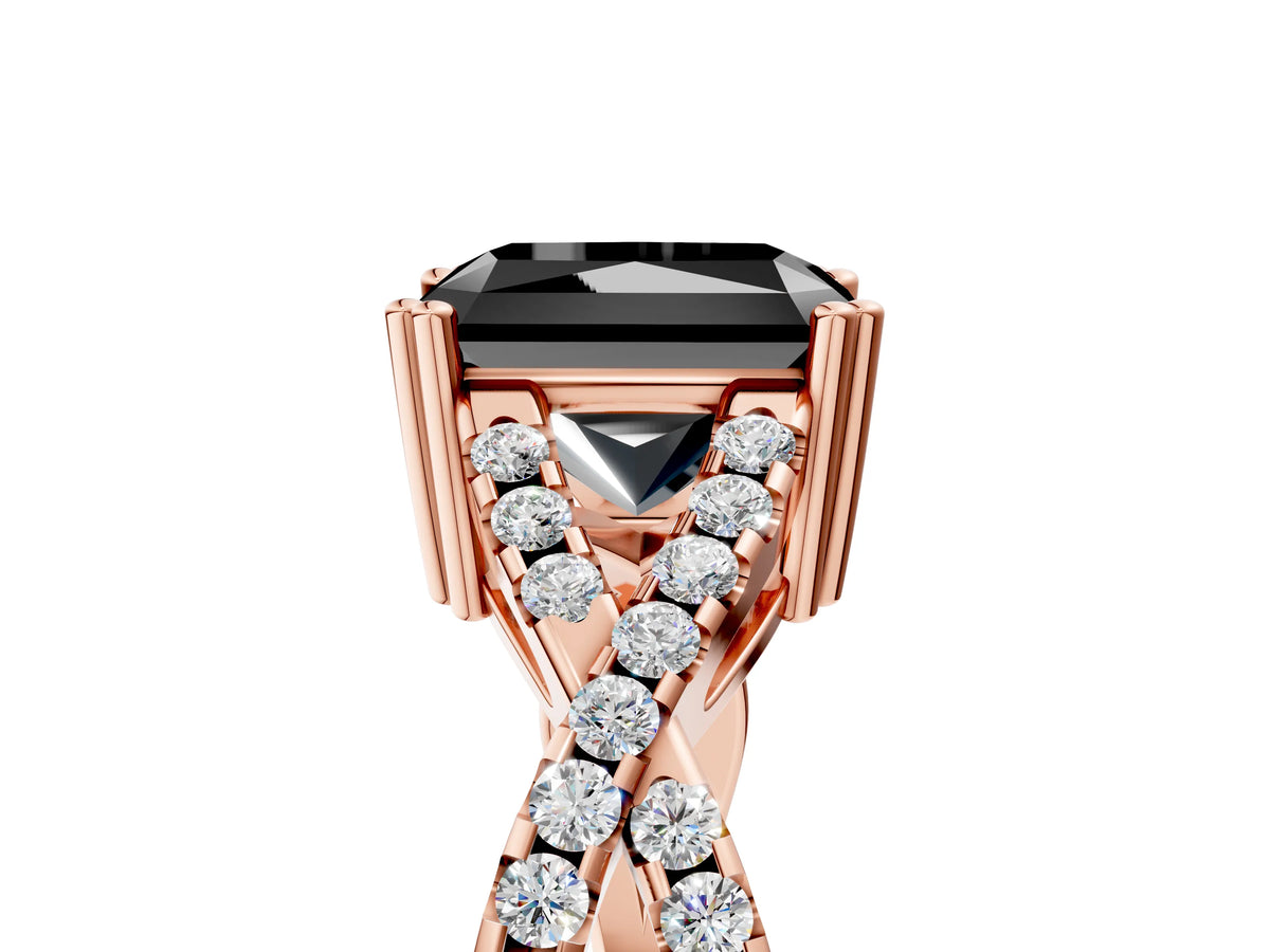 Fancy Black Radiant Cut Diamond Solitaire Ring in Rose gold with Interwoven Pavé Band and Prong Setting_5