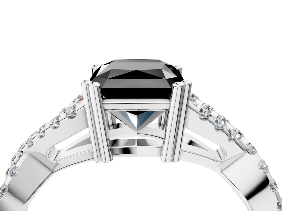 Fancy Black Radiant Cut Diamond Solitaire Ring in Silver with Interwoven Pavé Band and Prong Setting_10