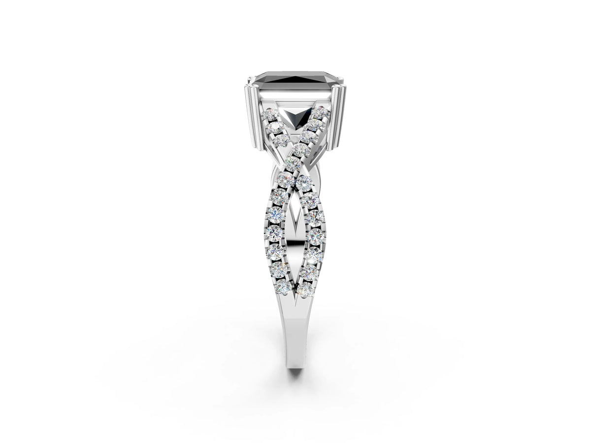 Fancy Black Radiant Cut Diamond Solitaire Ring in Silver with Interwoven Pavé Band and Prong Setting_8