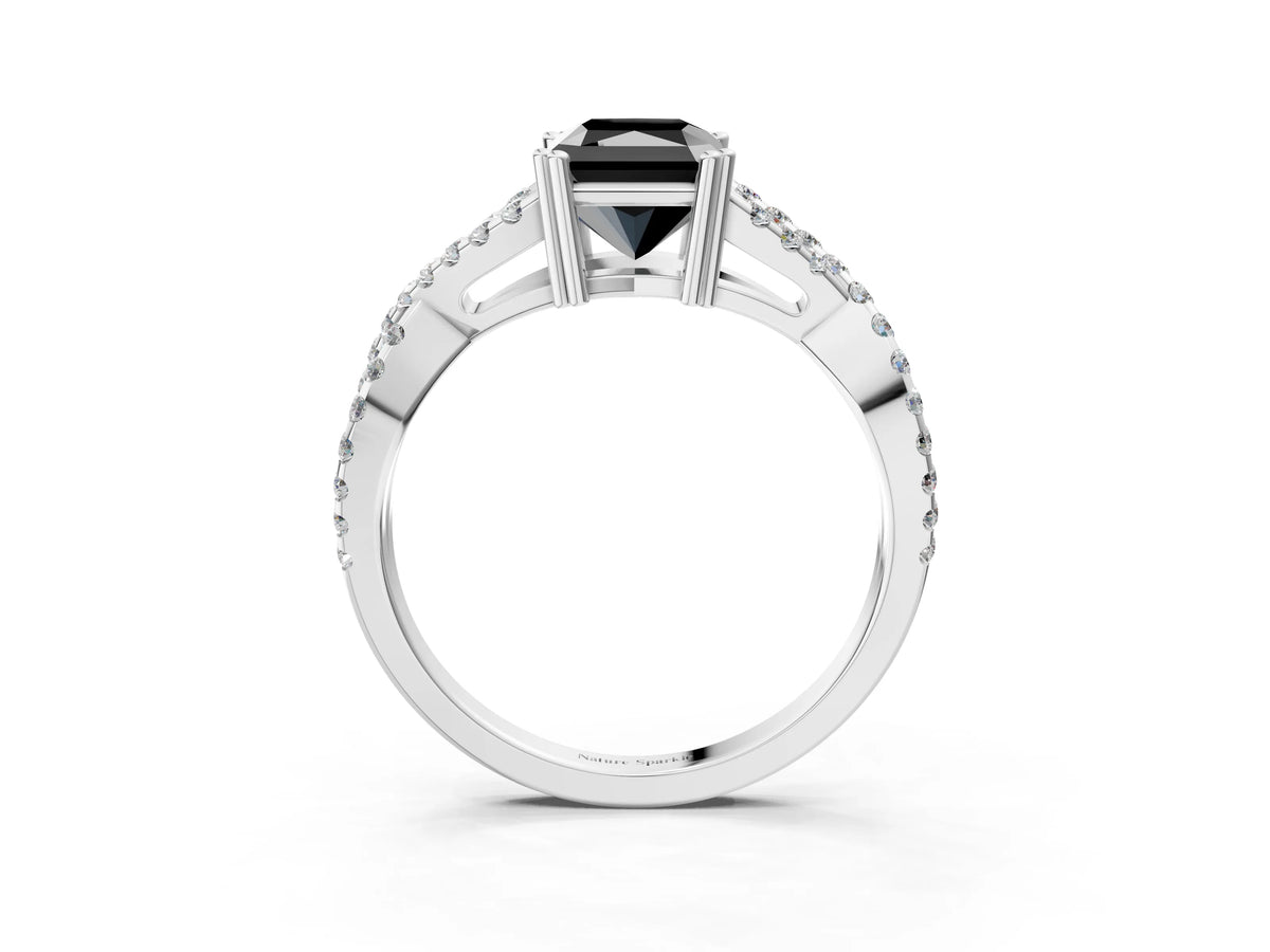 Fancy Black Radiant Cut Diamond Solitaire Ring in Silver with Interwoven Pavé Band and Prong Setting_9