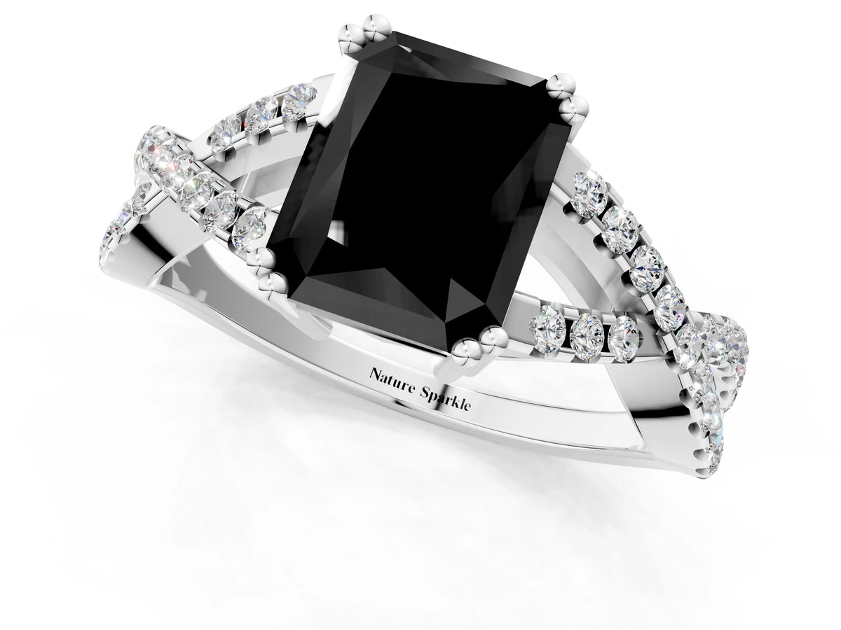 Fancy Black Radiant Cut Diamond Solitaire Ring in White gold with Interwoven Pavé Band and Prong Setting_1