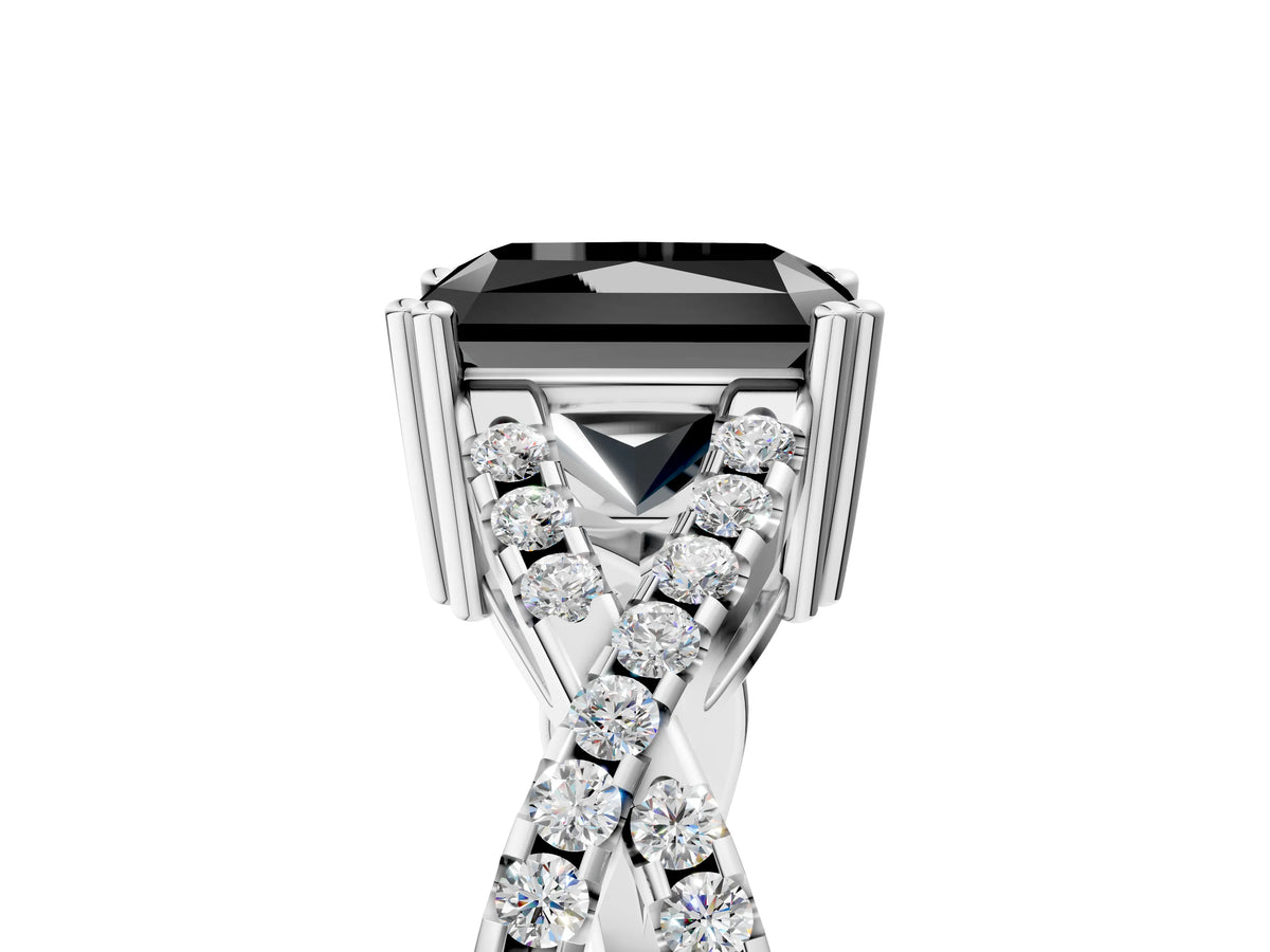 Fancy Black Radiant Cut Diamond Solitaire Ring in White gold with Interwoven Pavé Band and Prong Setting_5