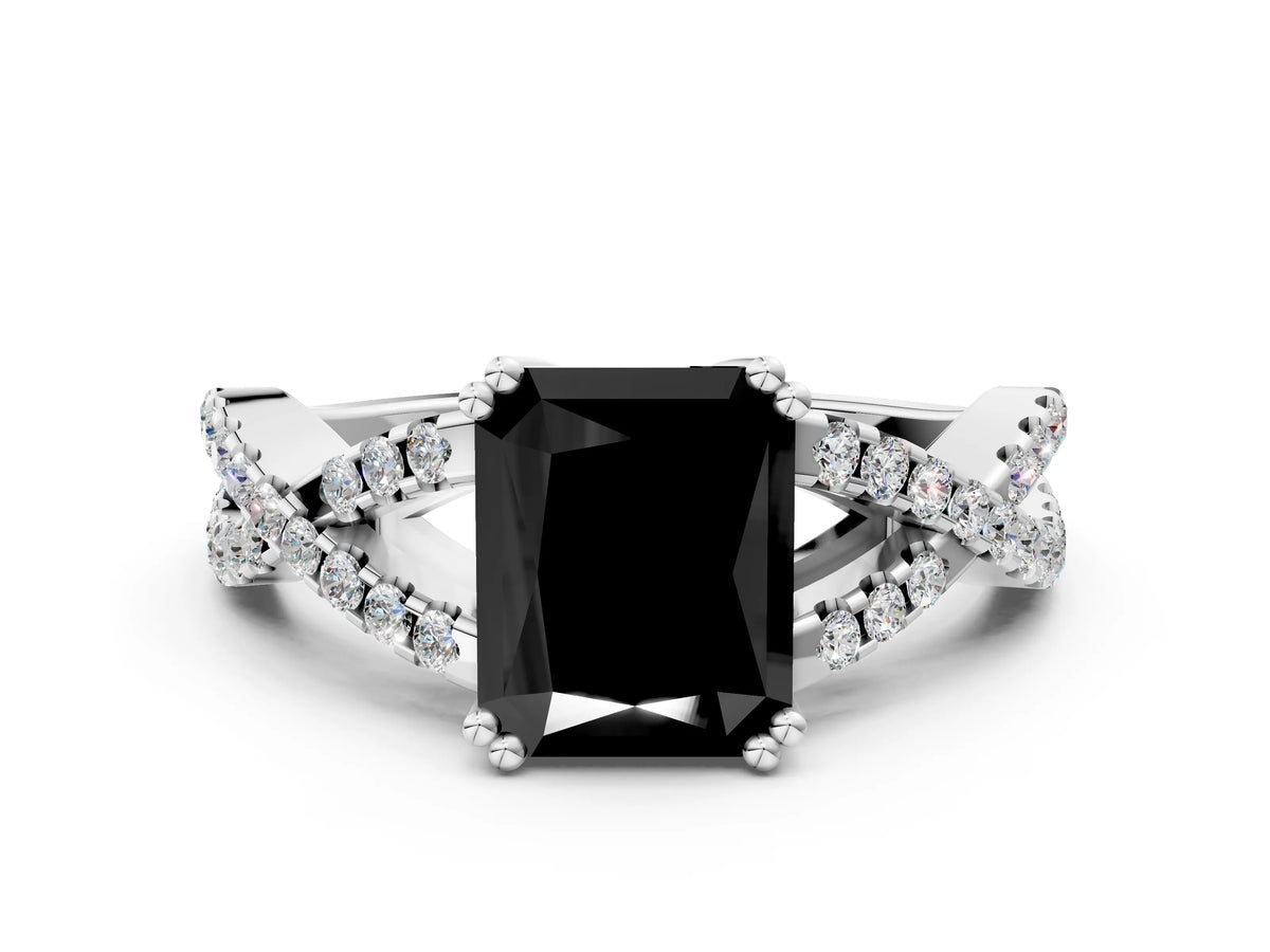 Fancy Black Radiant Cut Diamond Solitaire Ring in White gold with Interwoven Pavé Band and Prong Setting