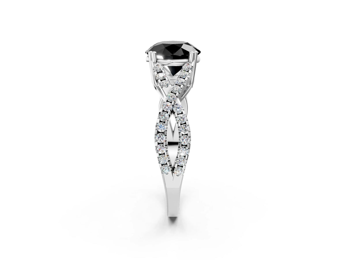 Fancy Black Round Cut Diamond Solitaire Ring in Platinum with Interwoven Pavé Band and Prong Setting_8