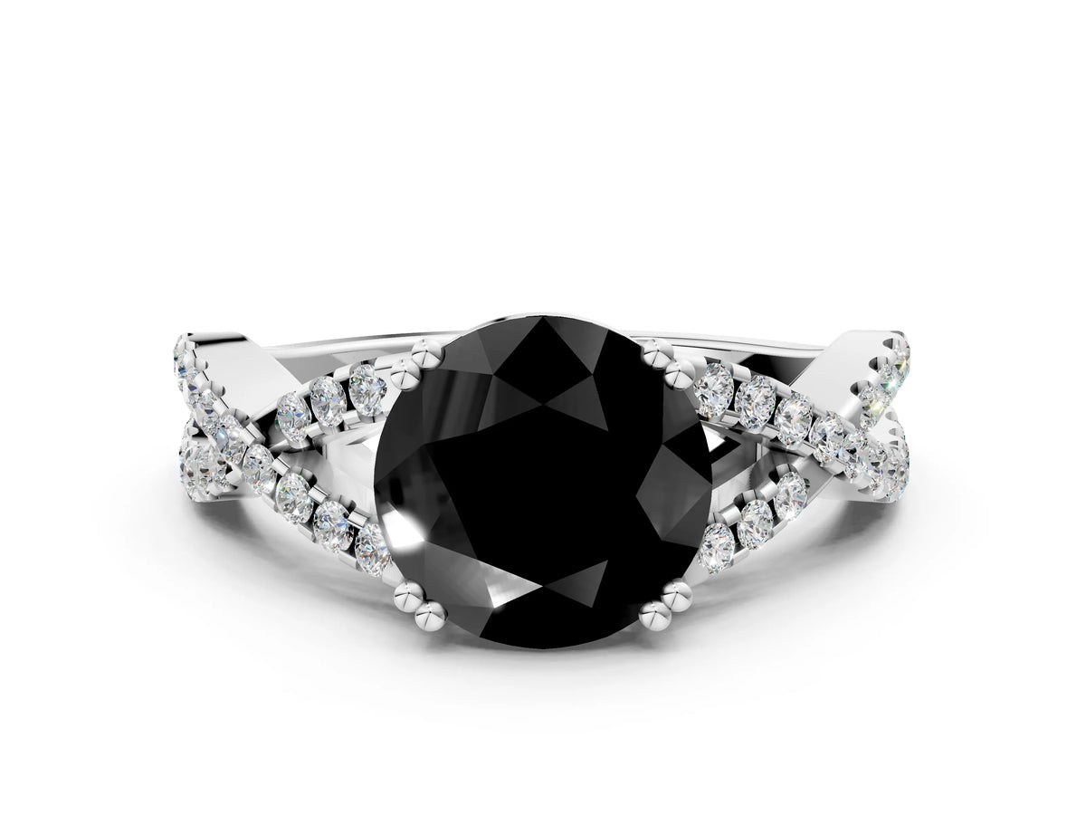 Fancy Black Round Cut Diamond Solitaire Ring in White gold with Interwoven Pavé Band and Prong Setting