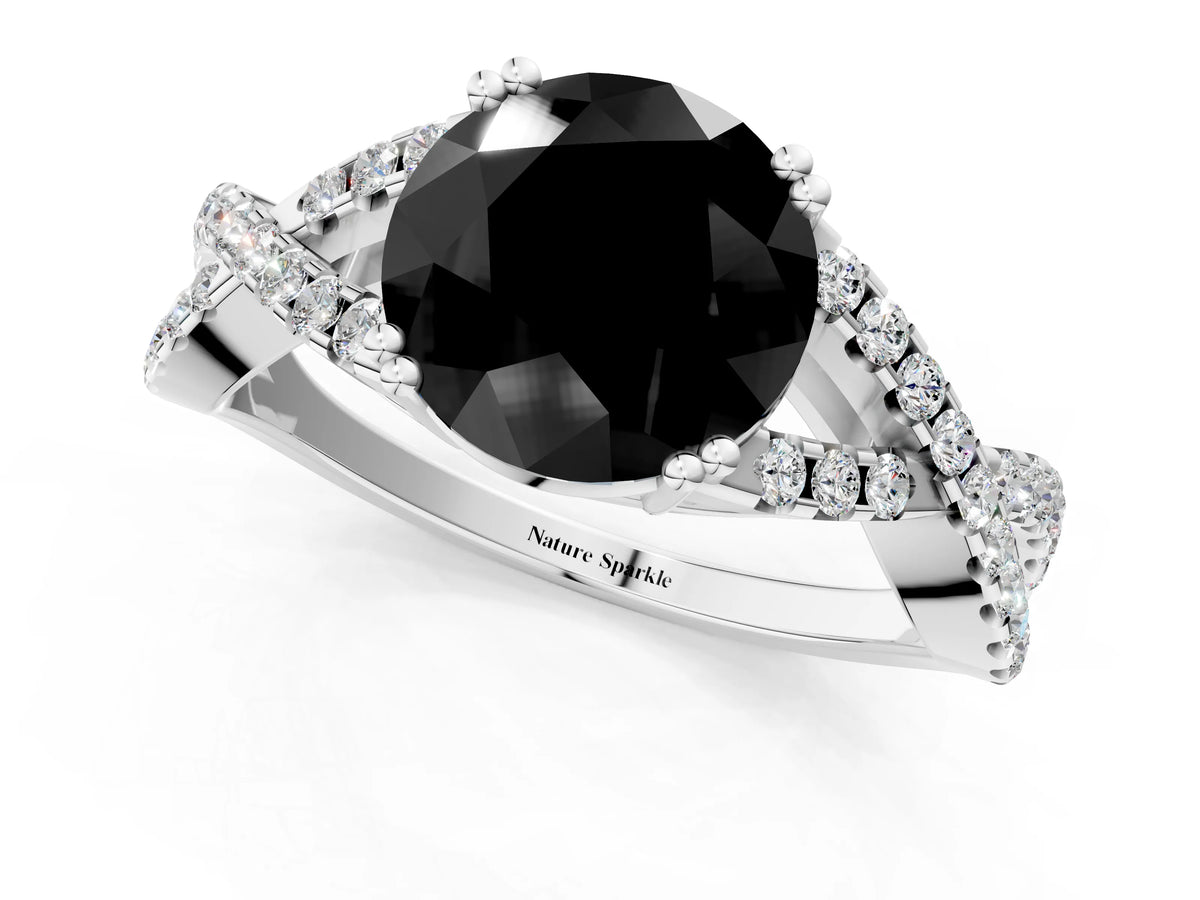 Fancy Black Round Cut Diamond Solitaire Ring in White gold with Interwoven Pavé Band and Prong Setting_1