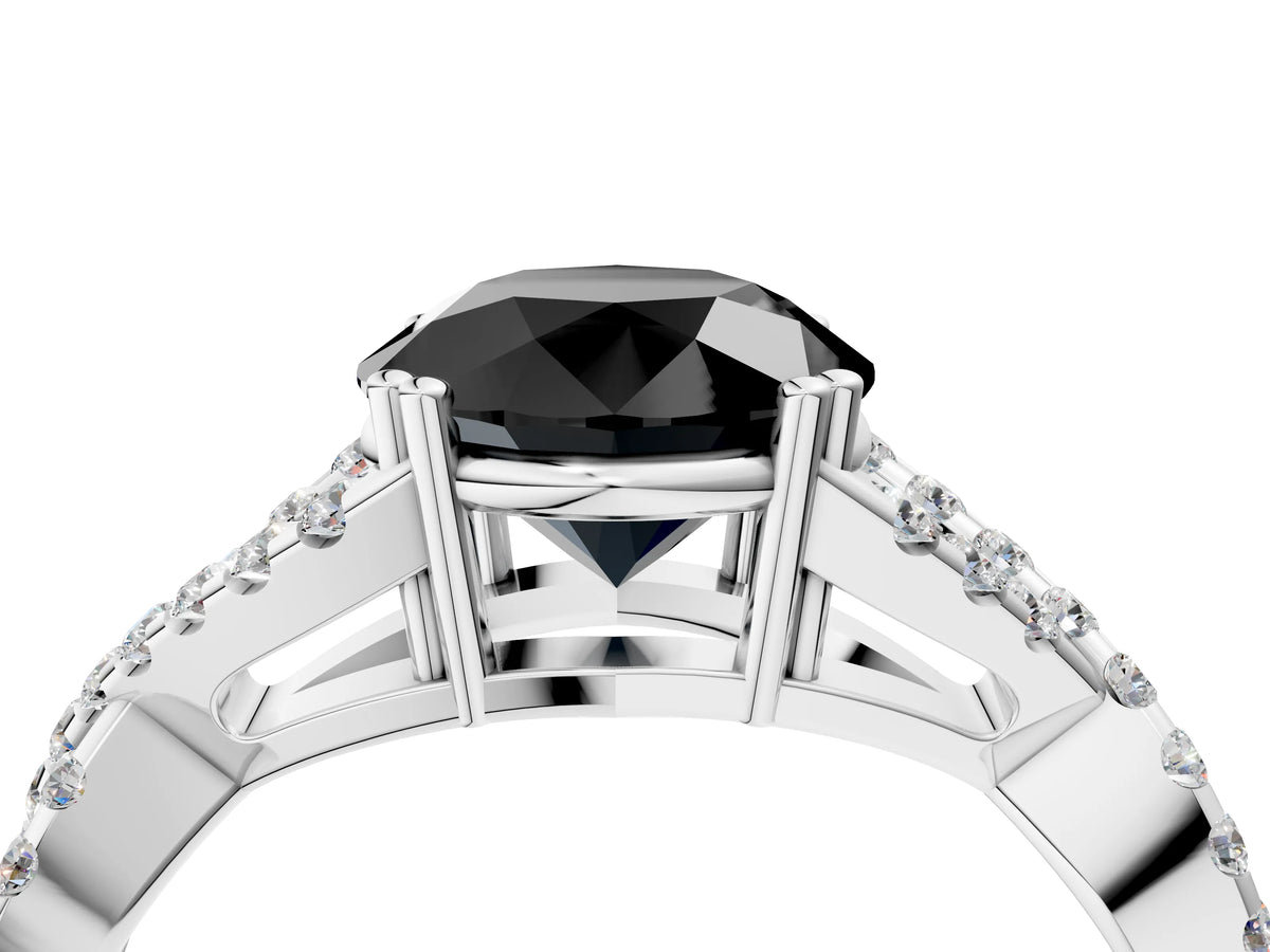 Fancy Black Round Cut Diamond Solitaire Ring in White gold with Interwoven Pavé Band and Prong Setting_4