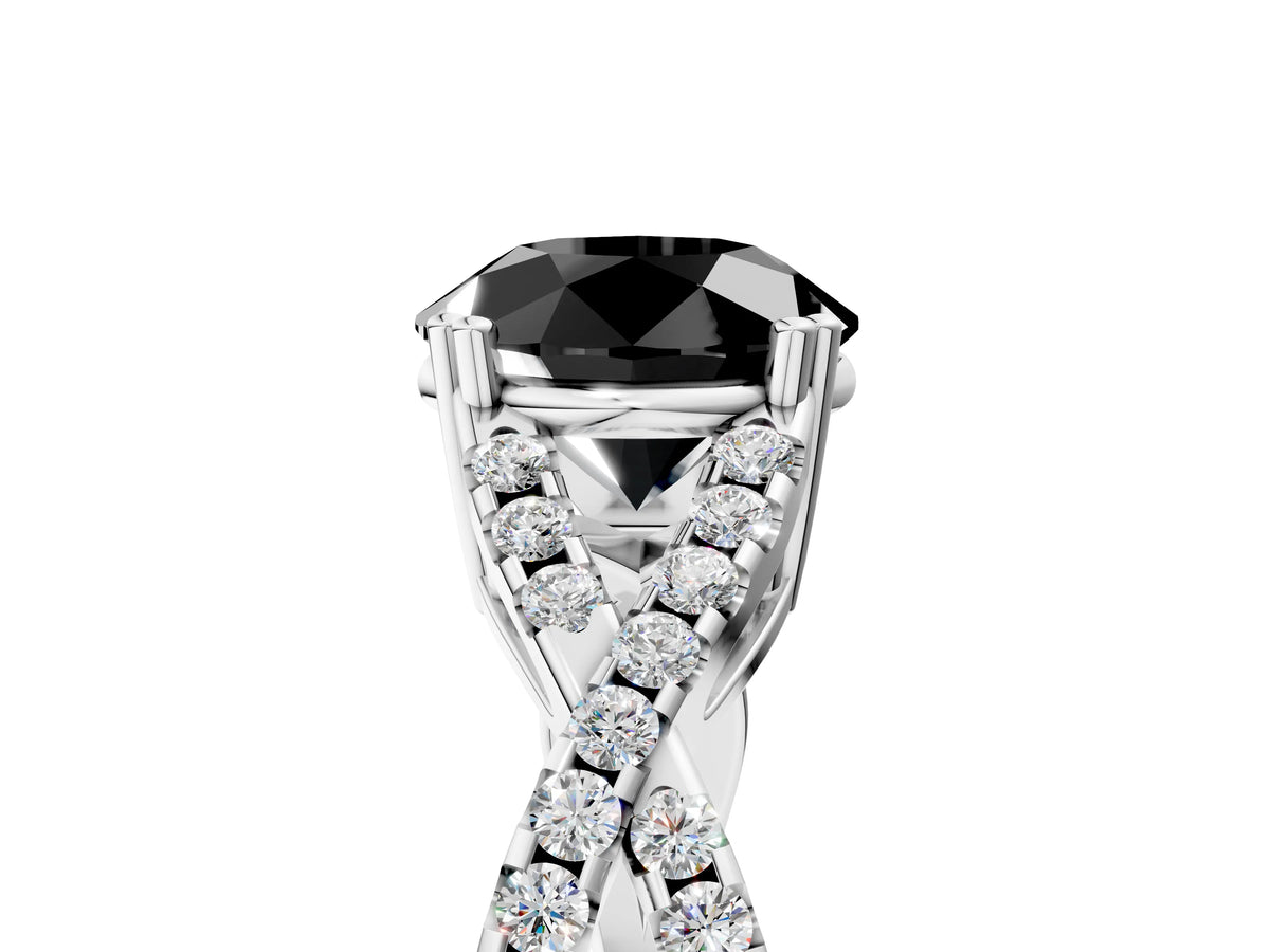 Fancy Black Round Cut Diamond Solitaire Ring in White gold with Interwoven Pavé Band and Prong Setting_5