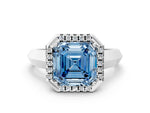 Fancy Blue Asscher Cut Diamond Halo Ring in Platinum with Cathedral Band and Prong Setting_12
