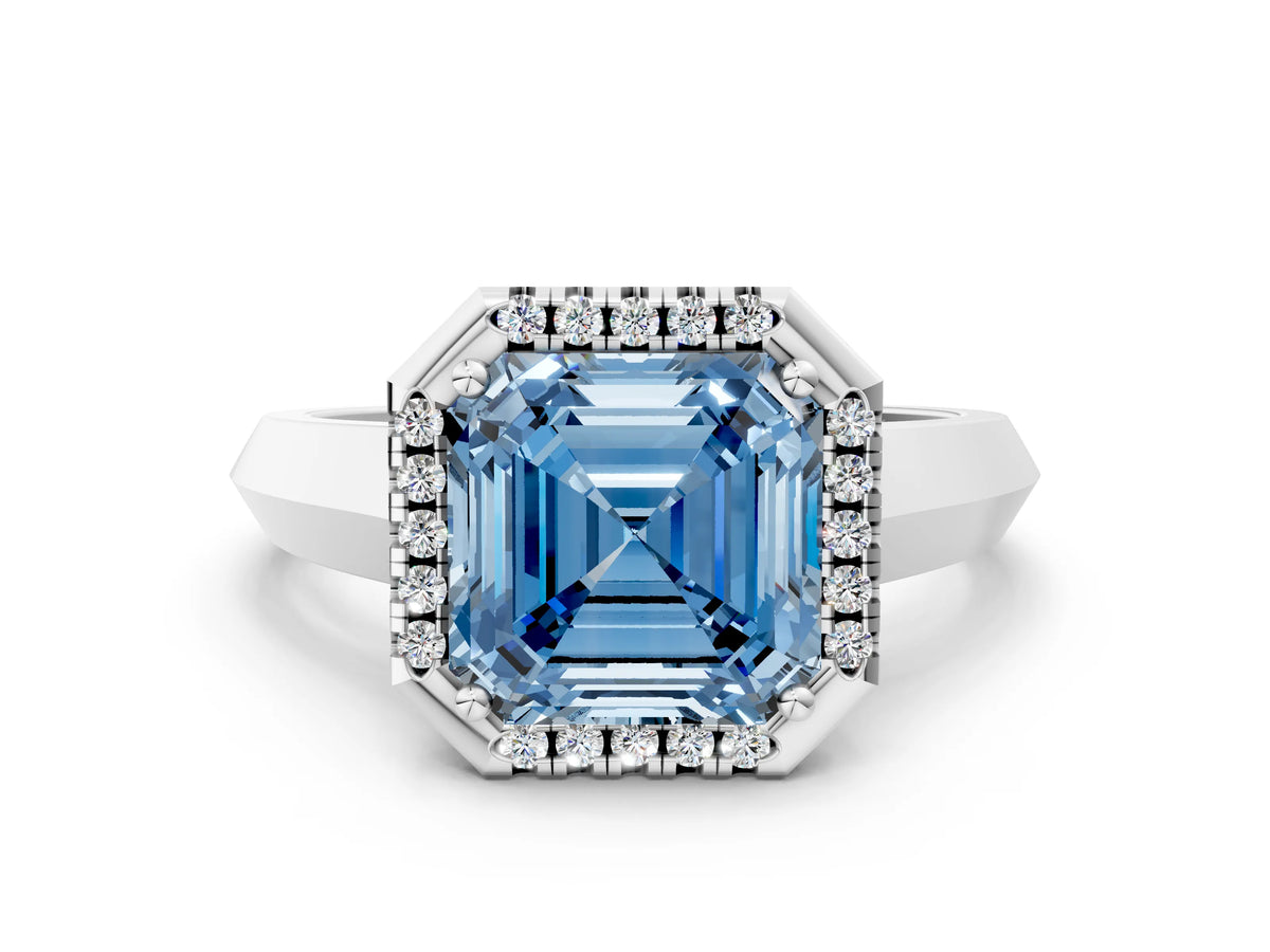 Fancy Blue Asscher Cut Diamond Halo Ring in Platinum with Cathedral Band and Prong Setting_12