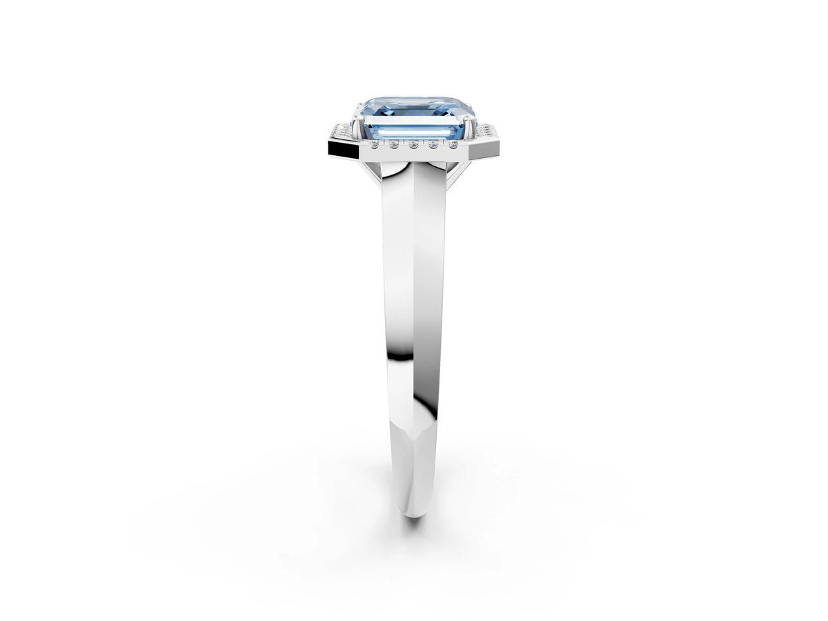 Fancy Blue Asscher Cut Diamond Halo Ring in Platinum with Cathedral Band and Prong Setting_14