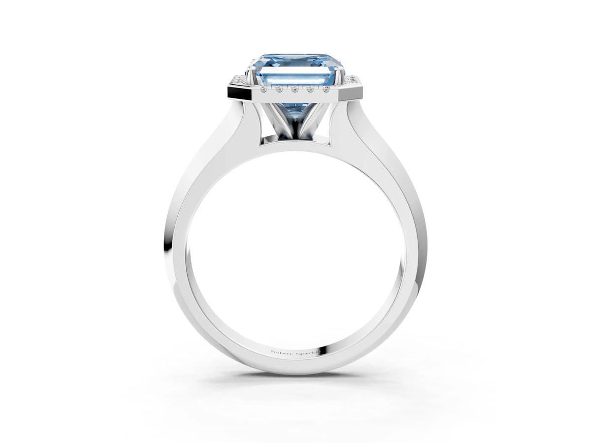Fancy Blue Asscher Cut Diamond Halo Ring in Platinum with Cathedral Band and Prong Setting_15