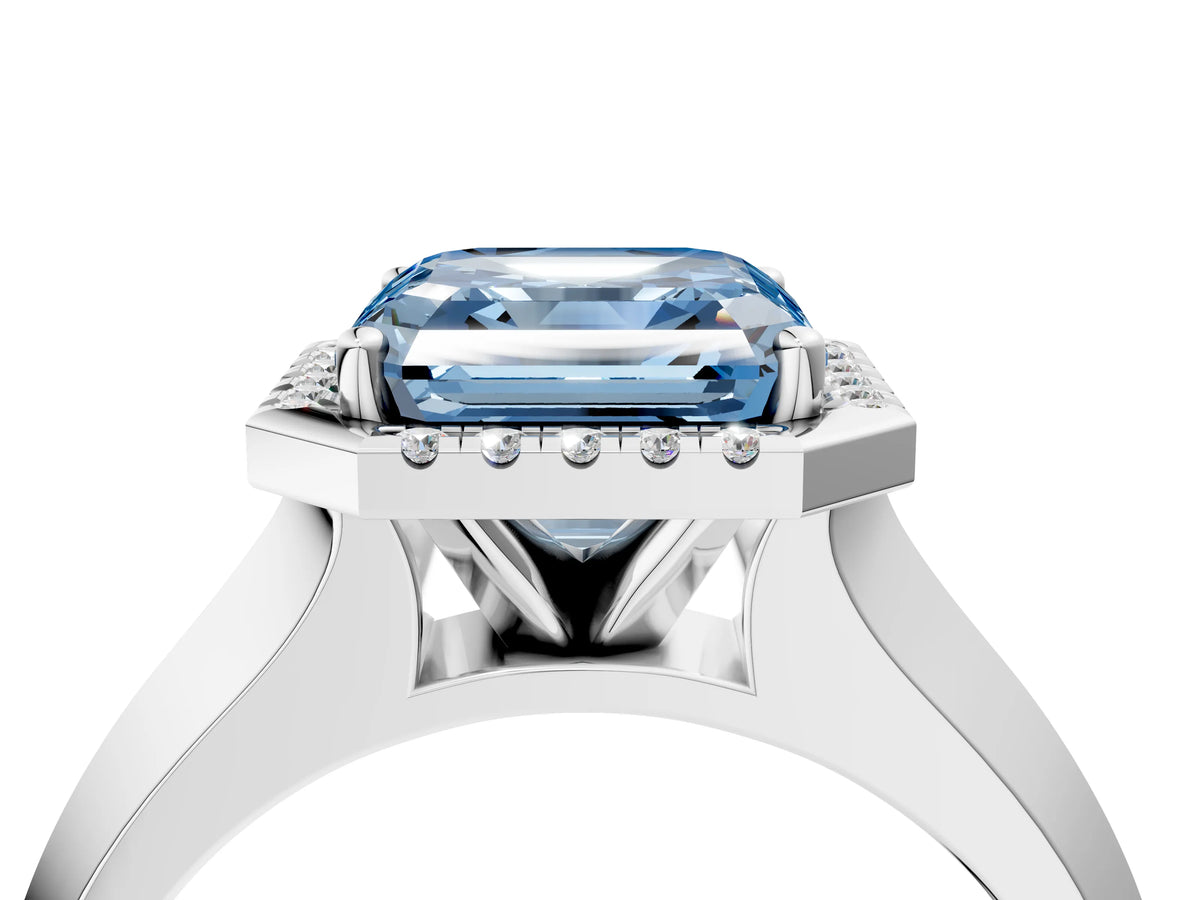 Fancy Blue Asscher Cut Diamond Halo Ring in Platinum with Cathedral Band and Prong Setting_16