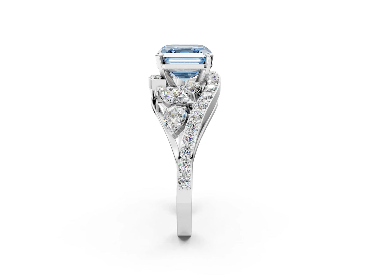 Fancy Blue Asscher Cut Diamond Halo Ring in Silver with Marquise and Pavé Band in Prong Setting_14