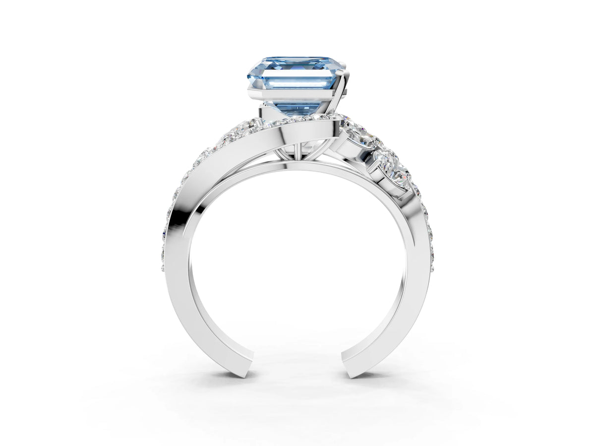 Fancy Blue Asscher Cut Diamond Halo Ring in Silver with Marquise and Pavé Band in Prong Setting_15