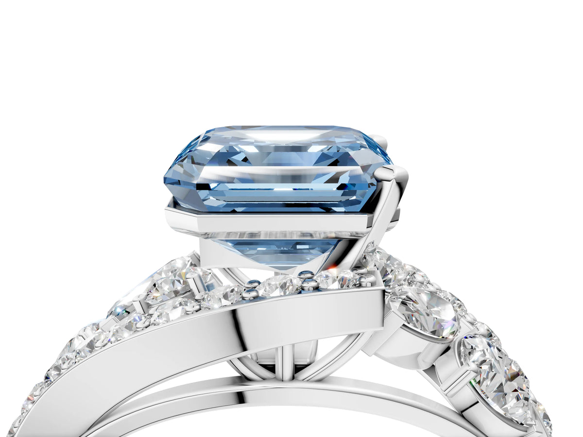 Fancy Blue Asscher Cut Diamond Halo Ring in Silver with Marquise and Pavé Band in Prong Setting_16